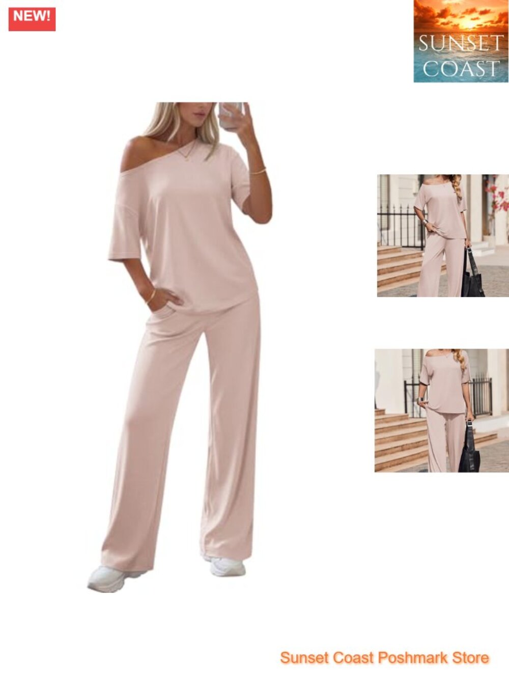 Ekouaer Lounge Set Off Shoulder Short Sleeve Top Wide Leg Pants Pockets
